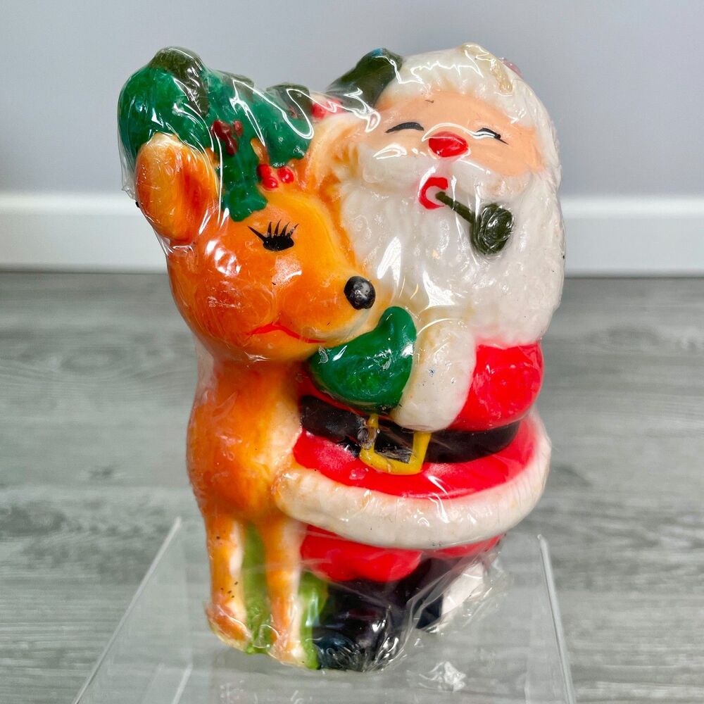 Vintage Santa Claus and Reindeer Molded Sculpted Christmas Candle NEW with FLAWS